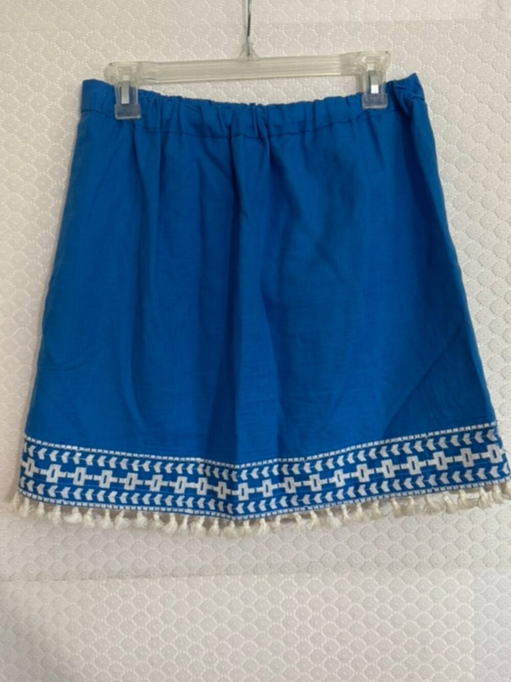 J.Crew Vibrant Blue Embroidered Tassel Boho Mini Skirt-Linen Blend, Fringe Sz M